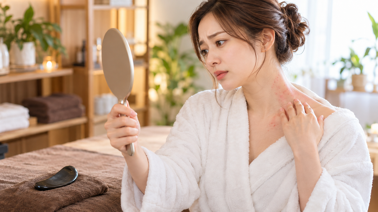 カッサ施術後に浮き出る痧(さ)のイメージ｜毛細血管への負担と跡が残る理由