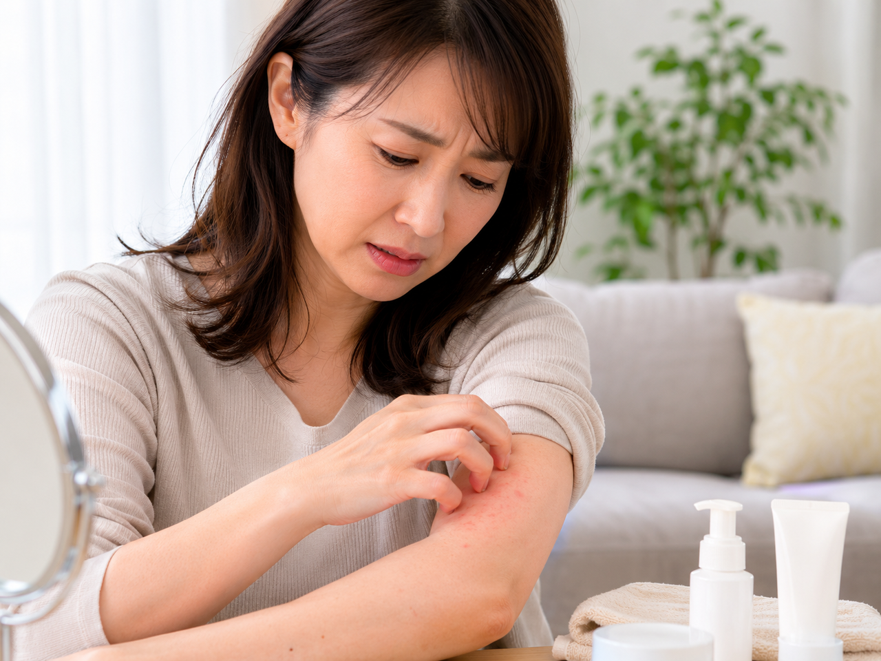 腕の肌トラブル（赤み・かゆみ）に悩む女性。乾癬やアトピーなど肌荒れの改善策を探している。